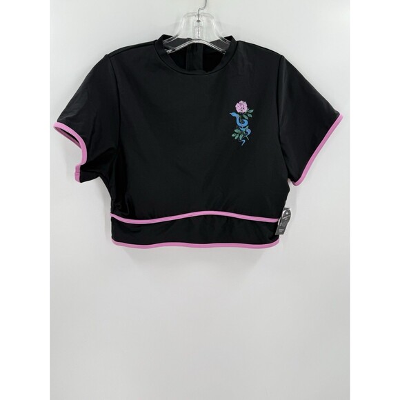 NEW TAGS Torrid Active Size 0 Black Snake Rose Wireless Cropped Piping Rashguard - Picture 5 of 12